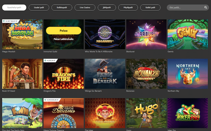 Casinohuoneella voi pelata kolikkopelejä, jackpot-pelejä ja klassisia kasinopelejä.