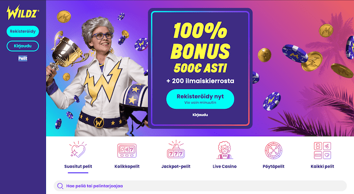 Wildz Casinon tervetulobonusta voi lunastaa aina 500 euroon asti.